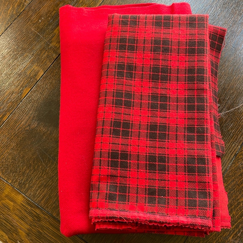 2 fabric remnants, dark red, 100% wool and red and black plaid flannel